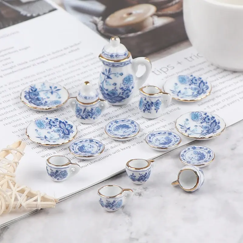15Pcs 1:12 Miniature Porcelain ชุดถ้วยชาดอกไม้บนโต๊ะอาหารห้องครัวเฟอร์นิเจอร์ตุ๊กตาของเล่นเด็กกระบอกใส่ชาตุ๊กตา