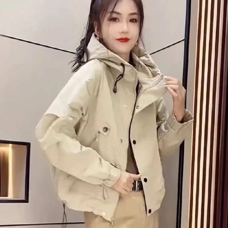Female Korean Fitting Leisure Time European Style Assault Jackets Women Autumn 2024 New Hooded Zipper Workwear Windbreaker Coat