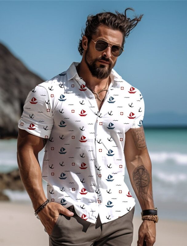 Мужская пляжная рубашка с 3D-принтом, на пуговицах, с коротким рукавом