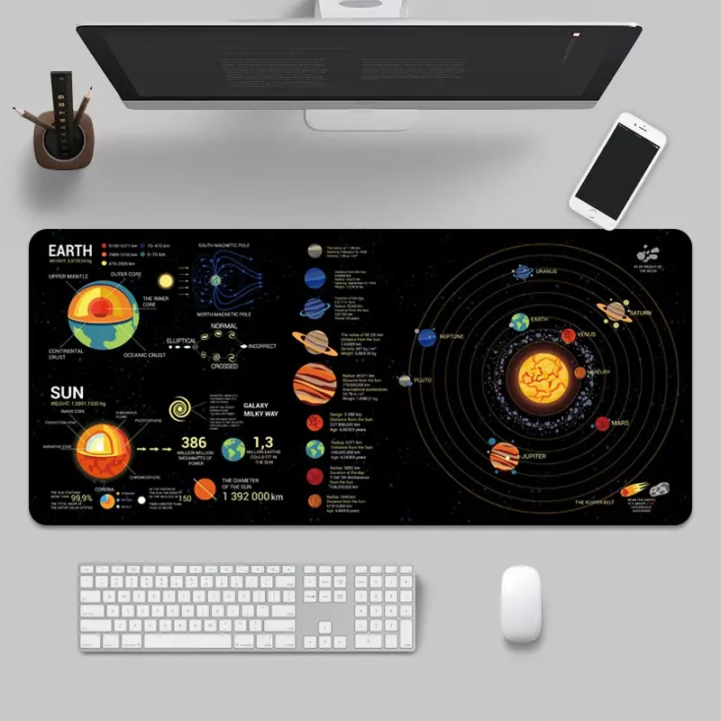 Superfície de borracha grande da almofada do teclado de deskpad do rato do jogo do planeta do espaço para o rato do computador antiderrapante que trava a borda do computador esteira