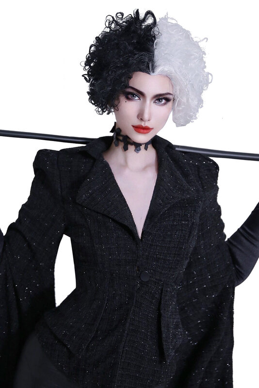 Disfraz de Cruella para Cosplay, abrigo negro, traje de Carnaval para Halloween
