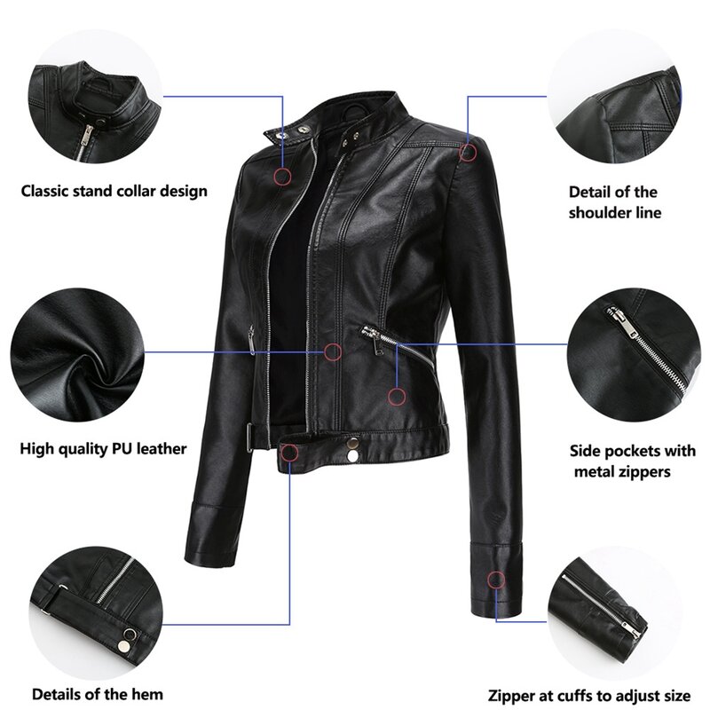 Chaqueta de cuero de talla europea para mujer, chaqueta ajustada, fina, con tirantes de corbata, traje de motocicleta, cuello de Pie Grande