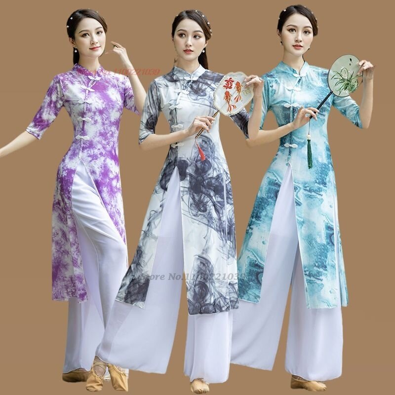 Traje de dança vintage chinesa com estampa de flores, tops e calças Qipao, prática de dança folclórica étnica, performance em palco, 2024