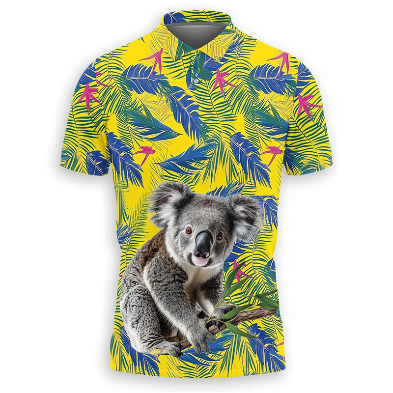 귀여운 코알라 베어 3D 프린트 폴로 셔츠 남성용, 패션 하와이안 반팔, 재미있는 동물 폴로 셔츠, 호주 애완동물 상의