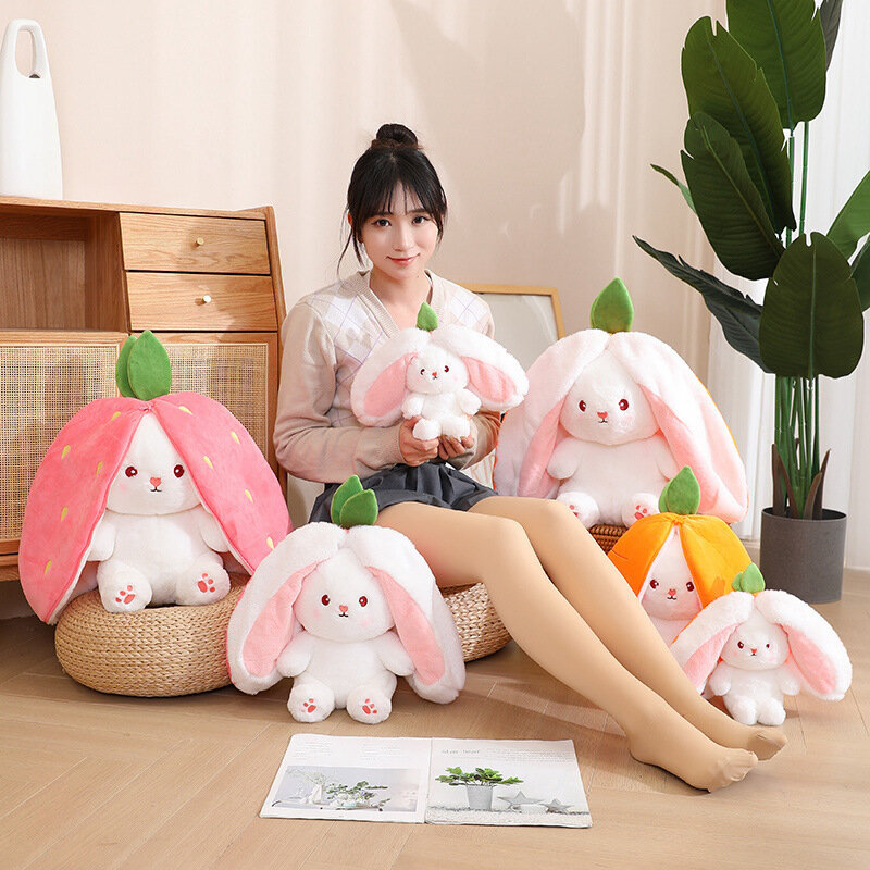 Divertente gioia Kawaii Fruit Bunny peluche carino carota fragola trasformato in coniglio peluche bambini compleanno regalo di natale