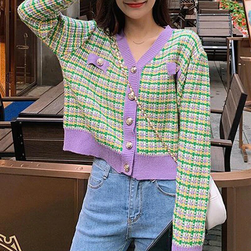 Women's Vintage Plaid Patchwork Chic Button Outewear Knitted Cardigan Autumn Winter Trendy V Neck Long Sleeve Sweet Sweater Coat
