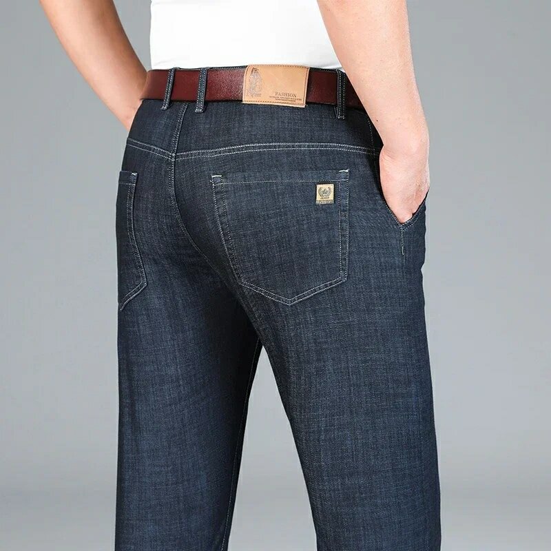 2024 wiosna lato lekkie dopasowane proste jeansy męskie klasyczne odzież biznesowa cienka bawełna elastyczny, wysoki spodnie typu Casual w talii