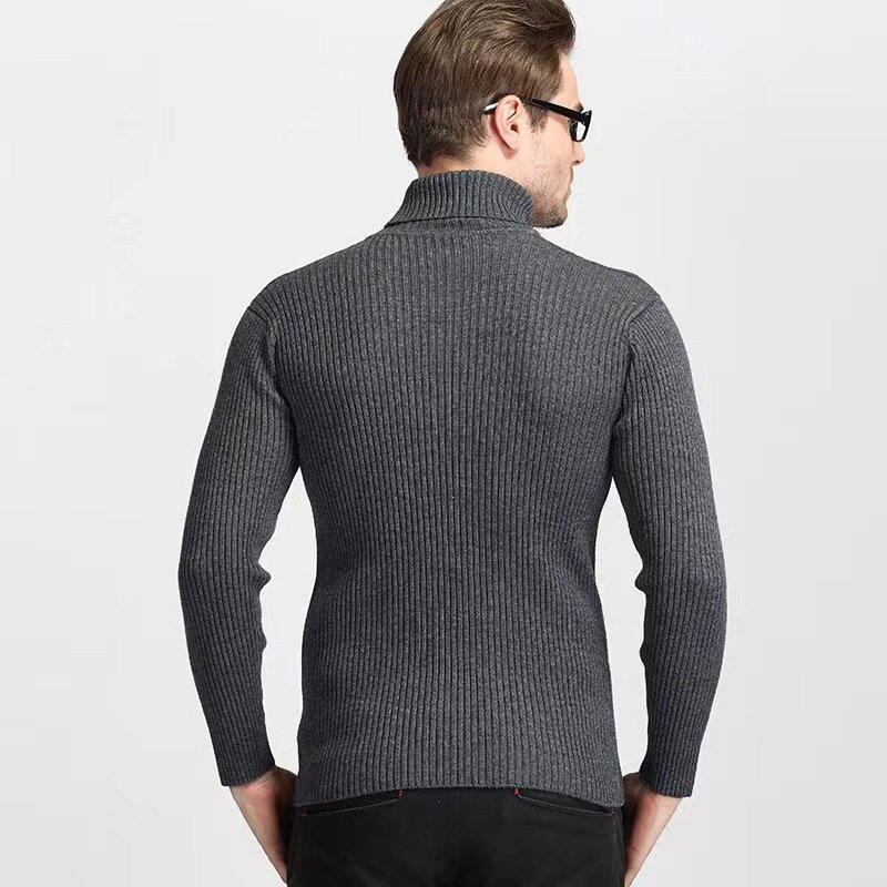 Pullover pria leher tinggi, Sweater rajut kasual pola vertikal Solid, Pullover hangat lengan panjang musim gugur musim dingin
