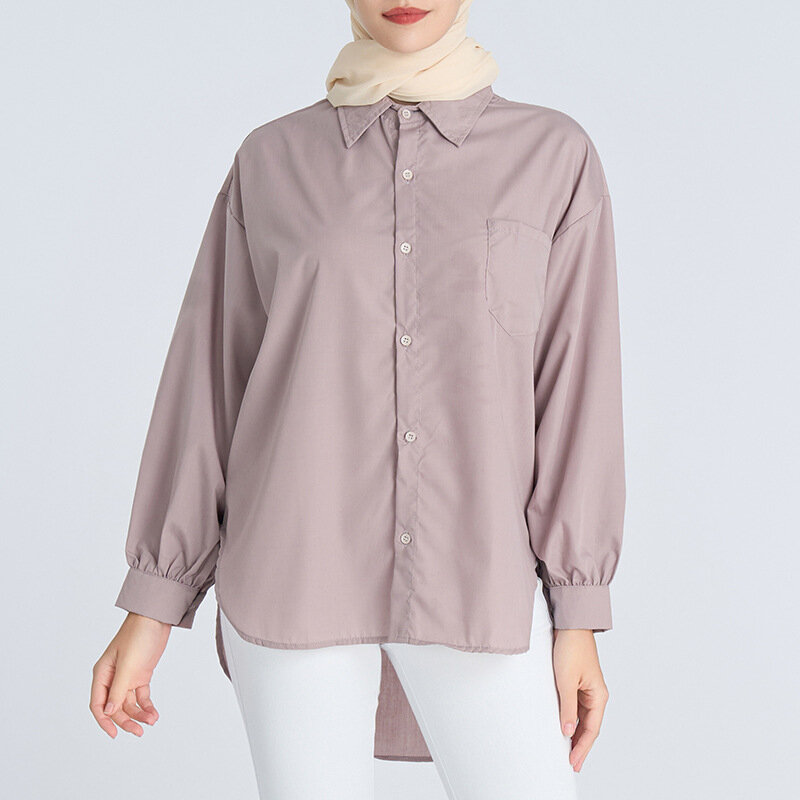 Blusa básica monocromática para mulheres, gola virada para baixo, camisa de manga comprida, decoração de bolso, tops femininos, muçulmana, Dubai, Islã, 2023