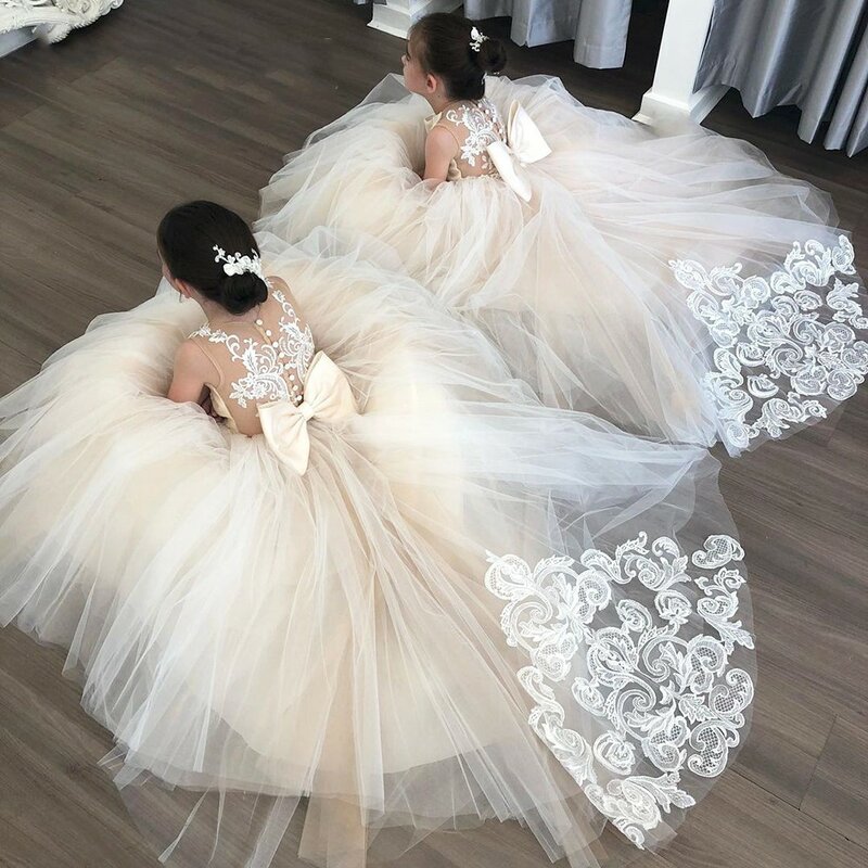 Тюлевые длинные платья с цветами для девочек, кружевное детское платье принцессы для свадьбы и вечеринки, бальное платье без рукавов для первого причастия для маленьких детей