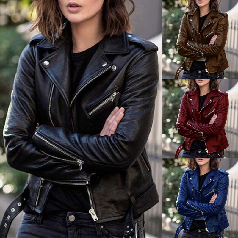 Mantel sepeda wanita kulit imitasi, mantel jaket wanita tipis pendek, mode musim semi, musim gugur, ritsleting, kulit imitasi, mantel sepeda wanita Solid