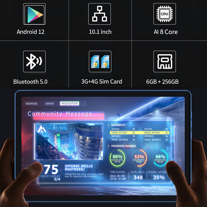 BDF-Tablette PC Y7 de 10.1 Pouces, 6 Go de RAM, 256 Go, Android 12, Prise en Charge de la 3G, 4G, Permanence Internet, WiFi Internet BT, Version Globale