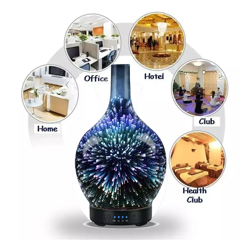 3D fuochi d'artificio umidificatore d'aria vetro macchine aromatiche diffusore di aromi di olio essenziale ad ultrasuoni 4 tempi 7 luci a LED 100ml per la casa
