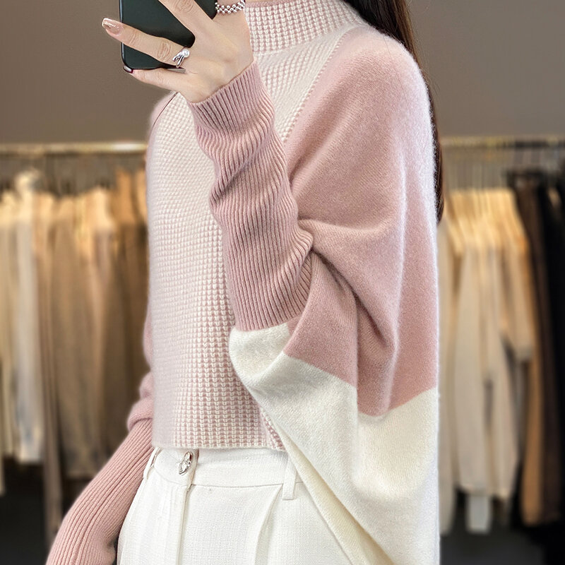 Suéter de Cuello medio alto para mujer, Jersey de punto de lana merina 2023, holgado, Top suave de moda coreana, novedad de 100%