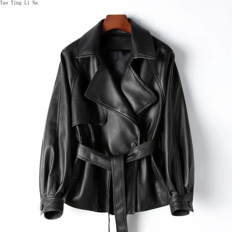 2023 New Women Real Sheepskin Jacket Lace-Up Suit Collar Genuine Leather Jacket H29