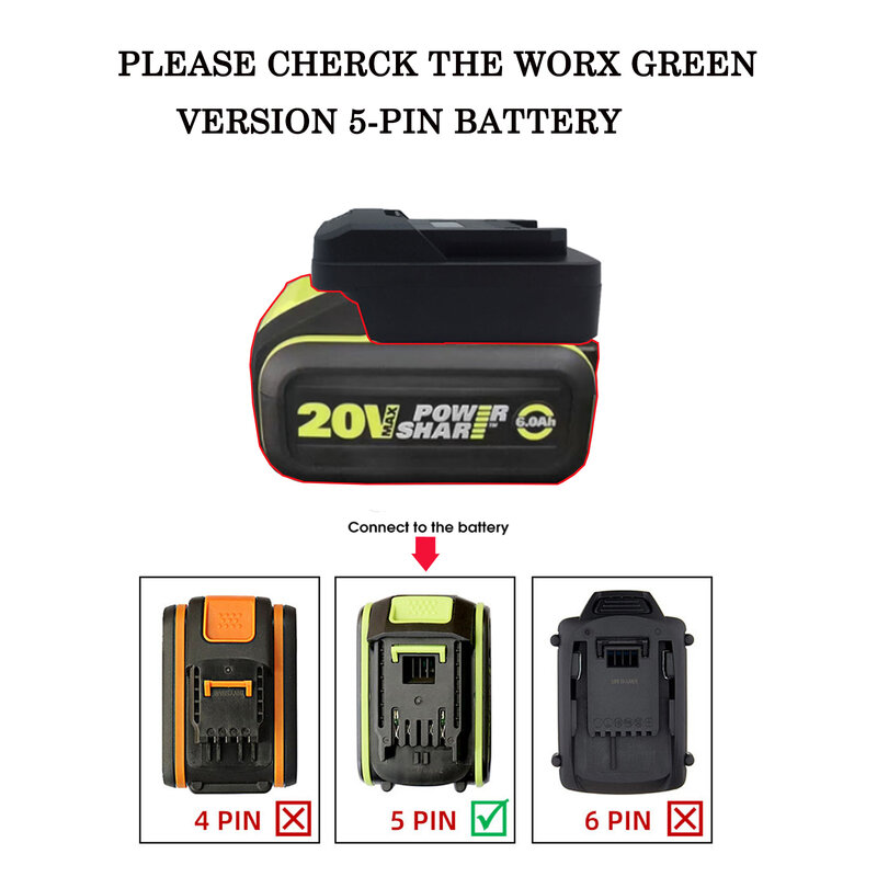 20V Battery Adapter for Worx (Green Version 5-Pin) Lithium Batteries Converted To Parkside Lithium Tools