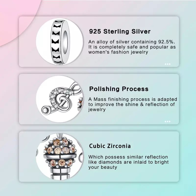 925 Sterling Silver Note Music Microphone Pendant Charm Fit Original Pandora Charms Bracelets Women DIY Jewelry Gift