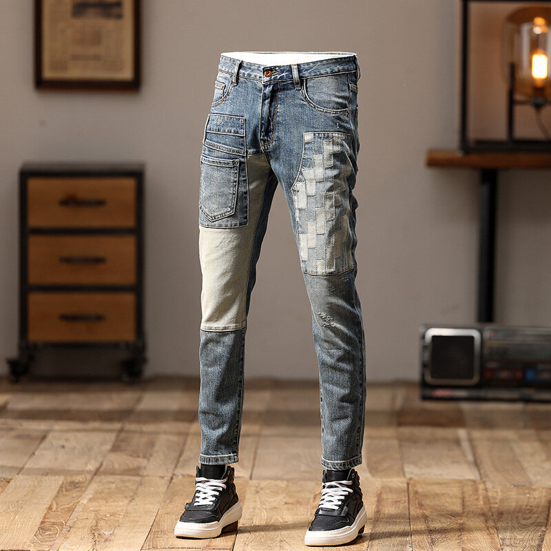 2024 fajne inteligentne jeansy męskie motocyklowe modne patchworkowe modne spodnie Slim Fit Skinny Retro Stretch