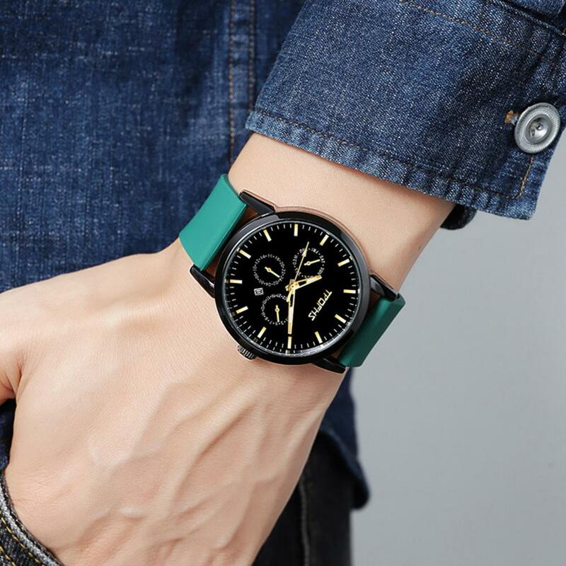 Relógio de quartzo elegante para homens, três pequenos mostradores, pulseira de couro sintético ajustável, alta precisão