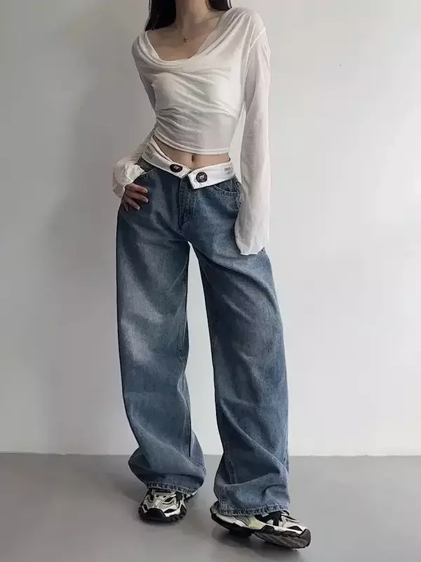 بنطال جينز عالي الخصر فضفاض Y2k عتيق للسيدات من هوتشو ، بنطلون جينز قصير أزرق عريض ، أزياء هاراجوكو الكورية أكوبي