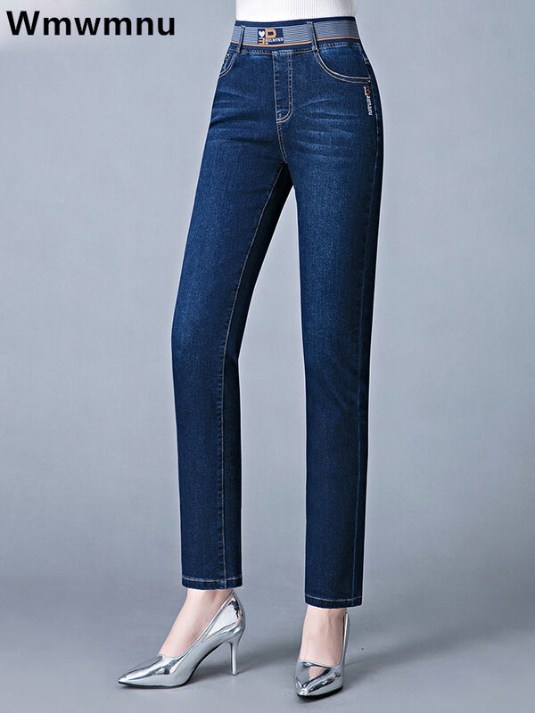 Jeans reto retrô de cintura alta feminino, calça jeans vintage casual, calças retrô esticadas, tamanho grande coreano 36