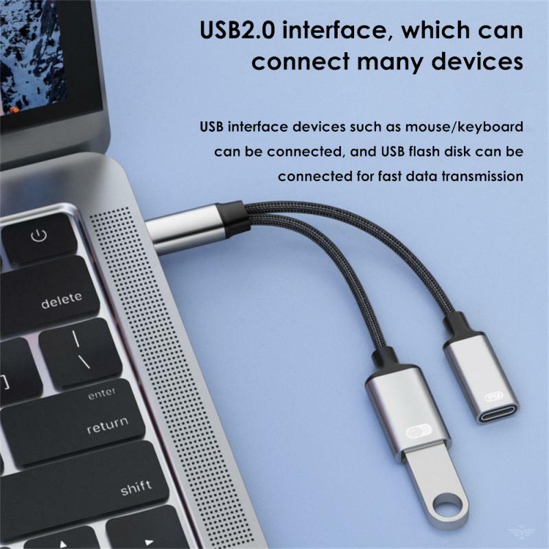 2 in 1 USB C OTG Cable Adapter Type-C Male to USB-C Female 30W PD Fast Charging with USB Splitter Adapter For Laptop Phone