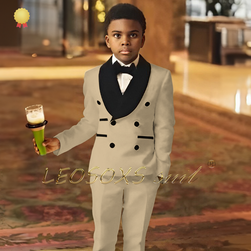 Esmoquin de boda para niños, conjunto de 2 piezas, chaqueta de doble botonadura con cuello de terciopelo negro y pantalones personalizados para niños de 3 a 16 años