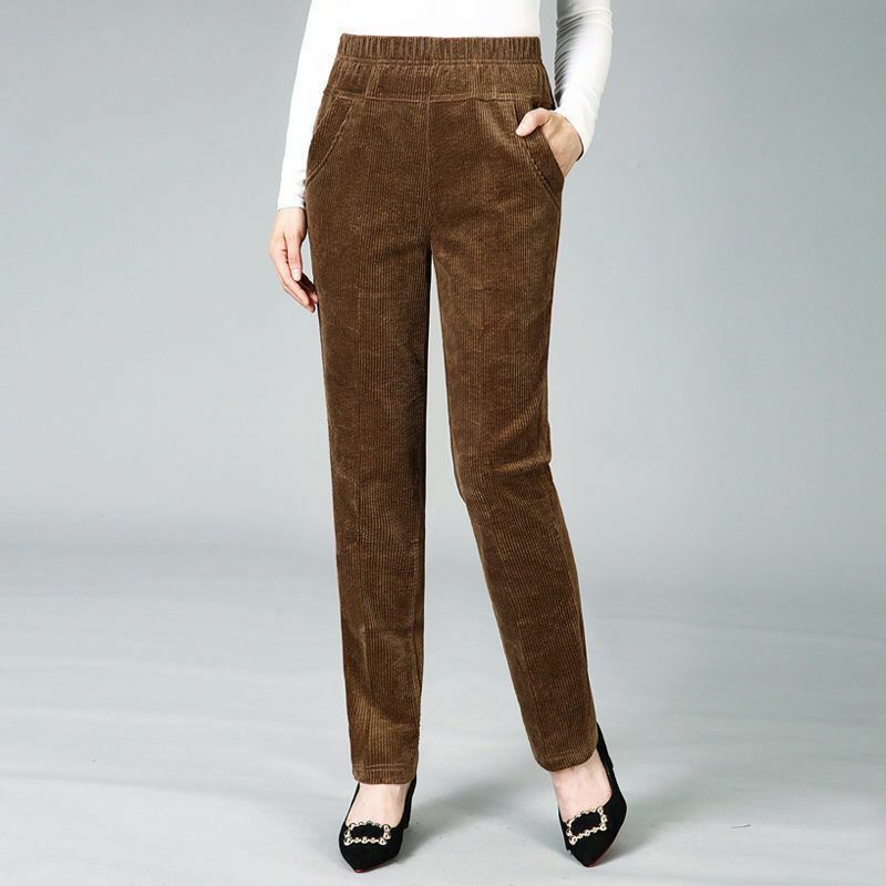 Pantalon droit en velours côtelé pour femme, 3 couleurs, filetage FjScrew, sauvage, inélastique, taille élastique, longueur de rinçage, garde au chaud, deux poches