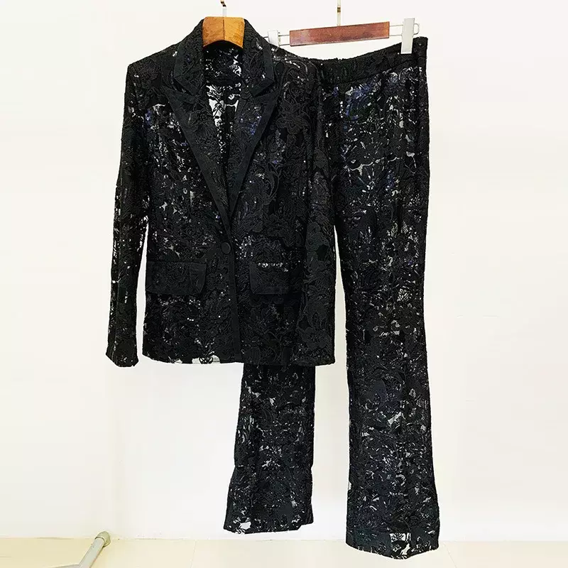 Czarne cekiny damskie garnitury zestaw spodni 2 sztuki blezer + spodnie kurtka damska wiosenny biurowy damski płaszcz odzież robocza sukienka na studniówkę