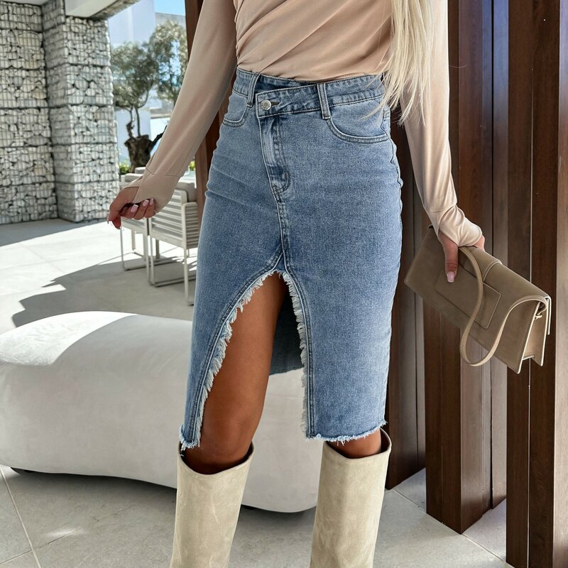 Saia jeans dividida para senhoras, vestido longo em linha A, cintura alta, saia dividida com fenda, moda casual e retrô, novo e elegante, 2022