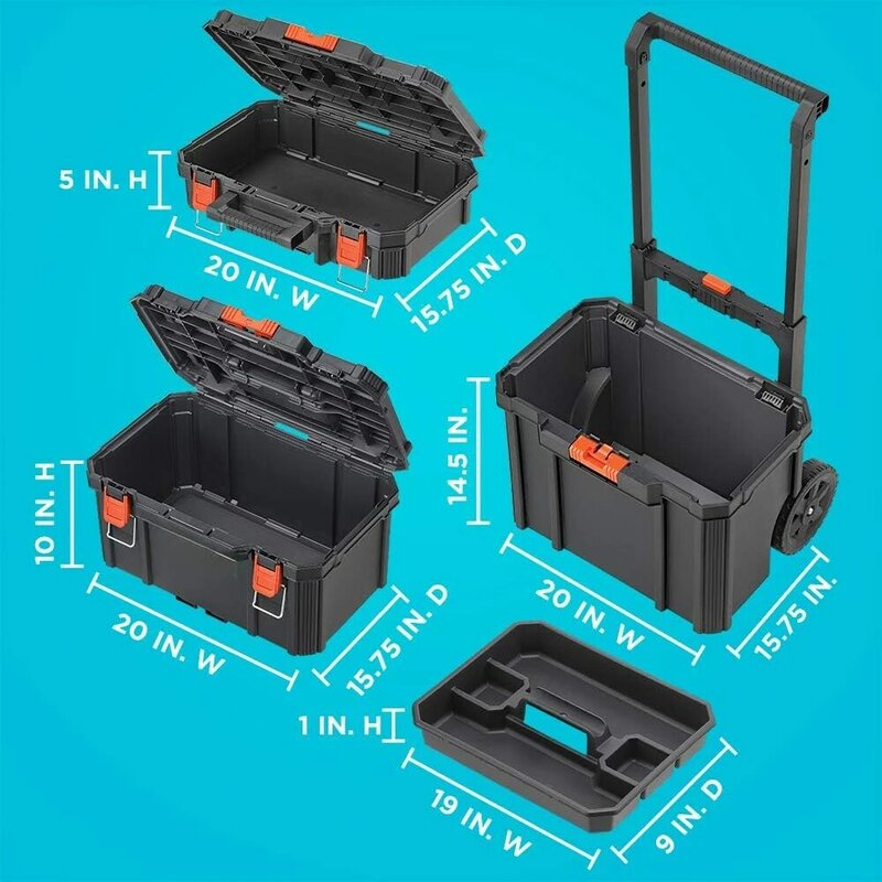 Toolbox, Stackable Storage System - 3 Piece Set (Small, Deep Toolbox, and Rolling Tote), Toolbox