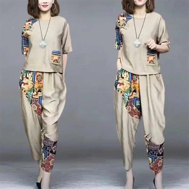 2024 Summer New Korean Ladies Cotton Linen Outfit 2PCS Ethnic Wind Suit Casual Two-Piece Women Short-Sleeved Shirt Suit Female