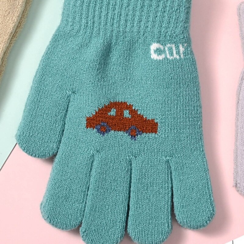 Guantes punto invierno con dedos completos, guantes cálidos con patrón coche dibujos animados, guantes color a