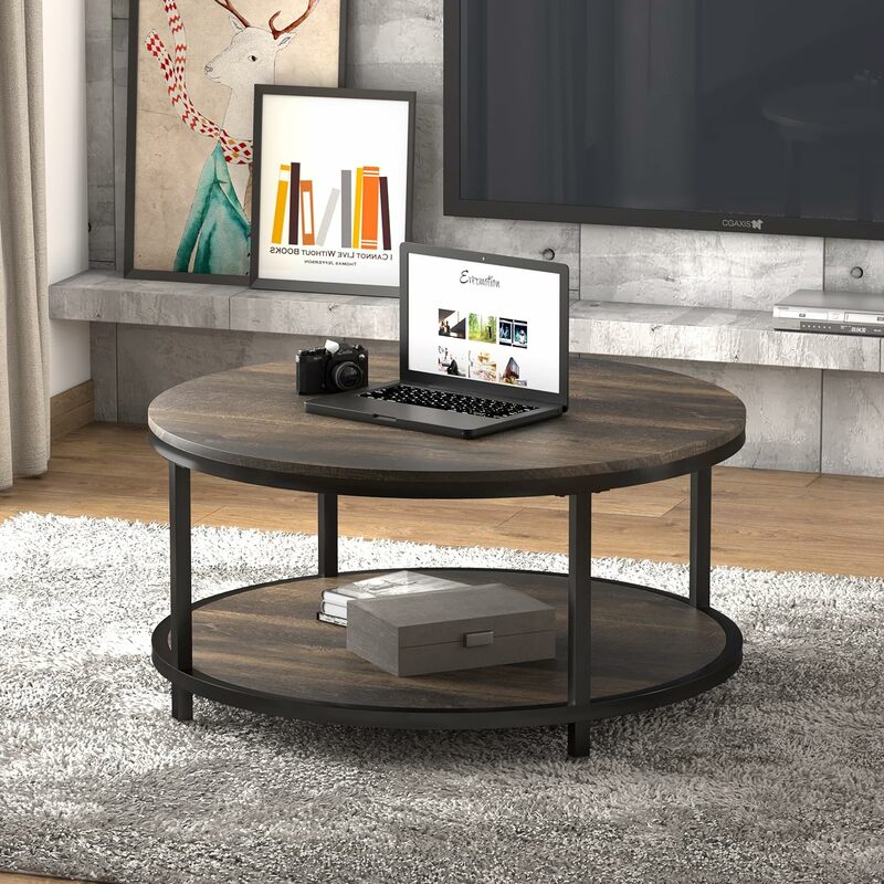 Table basse ronde avec étagère de rangement, table de canapé industrielle, meubles de maison au design moderne, marron rustique, salon, 36 po