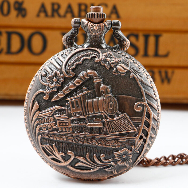 Antique Red/Brown/Silver Train Locomotive Engine Quartz Pocket Watch for Men Women Necklace Chain Clock Best Gifts Dropshipping