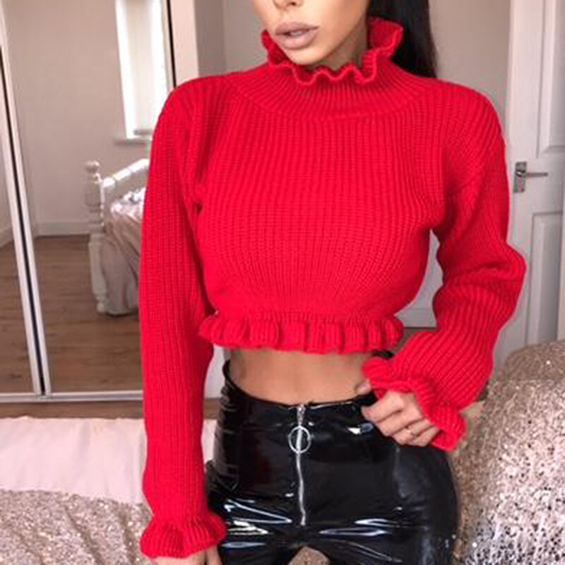 Ubei Hot style autumn clothing knitted ruffles base turtleneck sweater women short pullover crop top fashion
