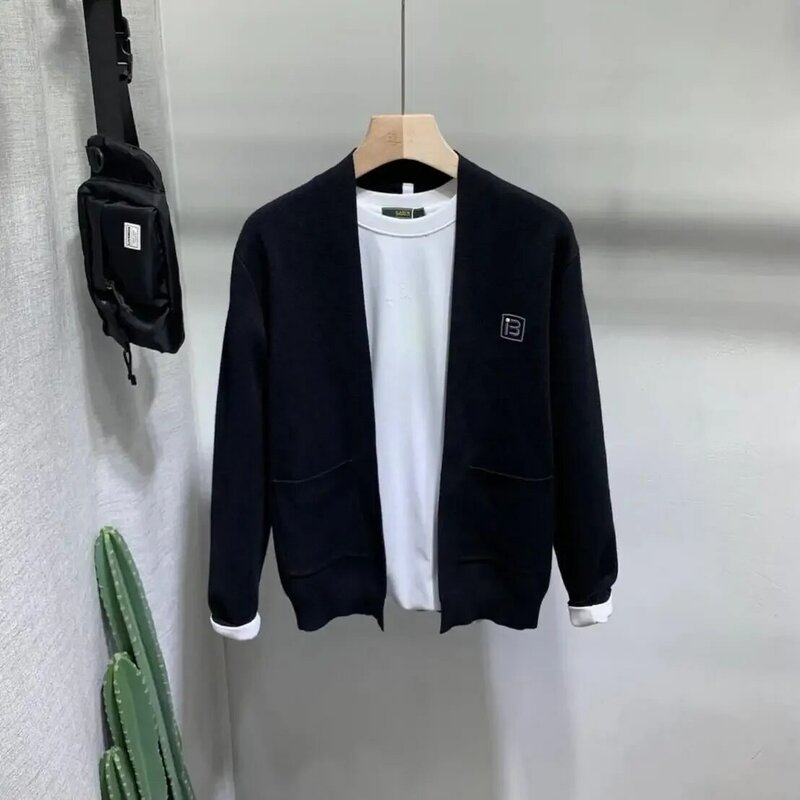Мужская повседневная приталенная куртка с вышивкой в Корейском стиле, модный брендовый вязаный кардиган