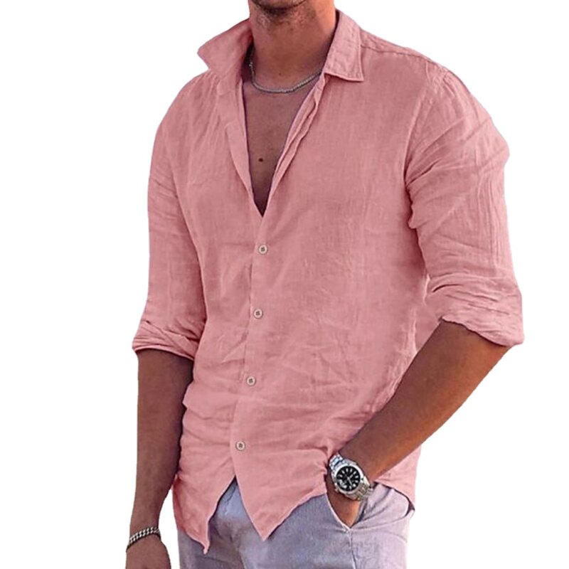 Мужская хлопковая рубашка с длинными рукавами, Повседневная пляжная рубашка-поло из хлопка и льна, однотонная гавайская рубашка для отдыха, новинка 2023
