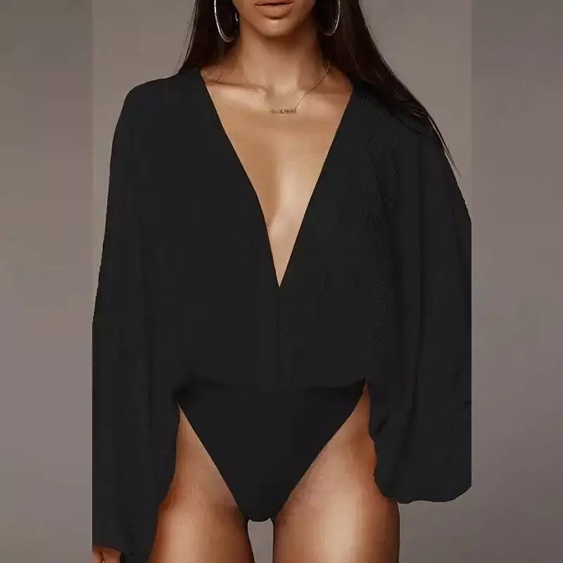 Lente Sexy Solid Bodysuit Rompertjes Vrouwen 2022 V-hals Geplooide Mode Casual Lange Mouw Jumpsuits Femme Kleding Gebreide Tops