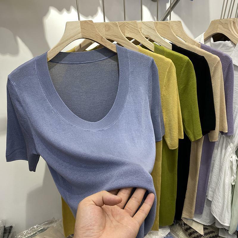 O넥 니트 단색 반팔 티셔츠, 슬림한 한국 상의, 통근 티셔츠, 여성 의류, 2024 여름 신상 패션