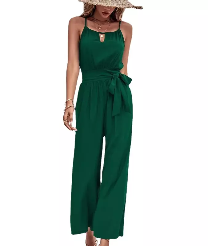 One Piece Wide Leg Jumpsuits Solid Color Women Sleeveless Rompers Lace Up Waist Casual 2024 Summer Cross Pants Female Clothing