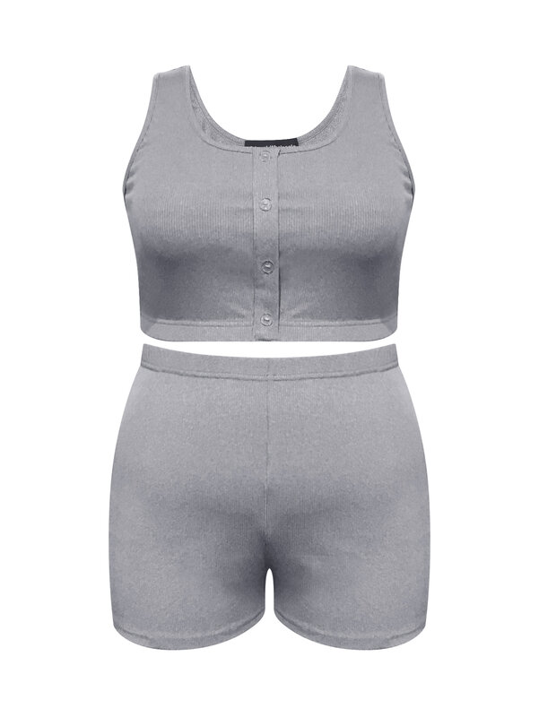LW BASICS Plus Size women's clothing Crop Top Button Design High Waist Shorts Set summer sleeveless tank Top + shorts sets