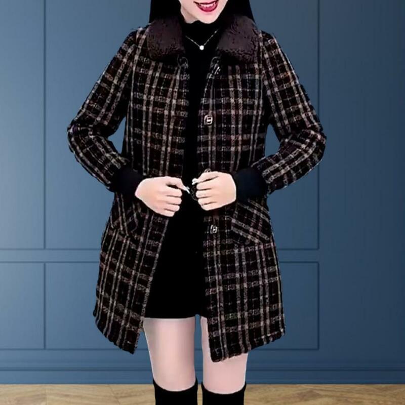 Women Coat Plaid Print Fall Winter Thickened Plush Lapel Warm Pockets Single-breasted Mid Length Plus Size Lady Long Jacket
