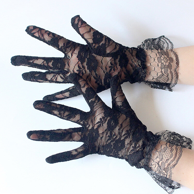 Sunscreen Fashion Lace Women Short Gloves Hollow-out Sexy Full Finger Black Mittens Elegant Bridal Wedding Festival Gloves T206
