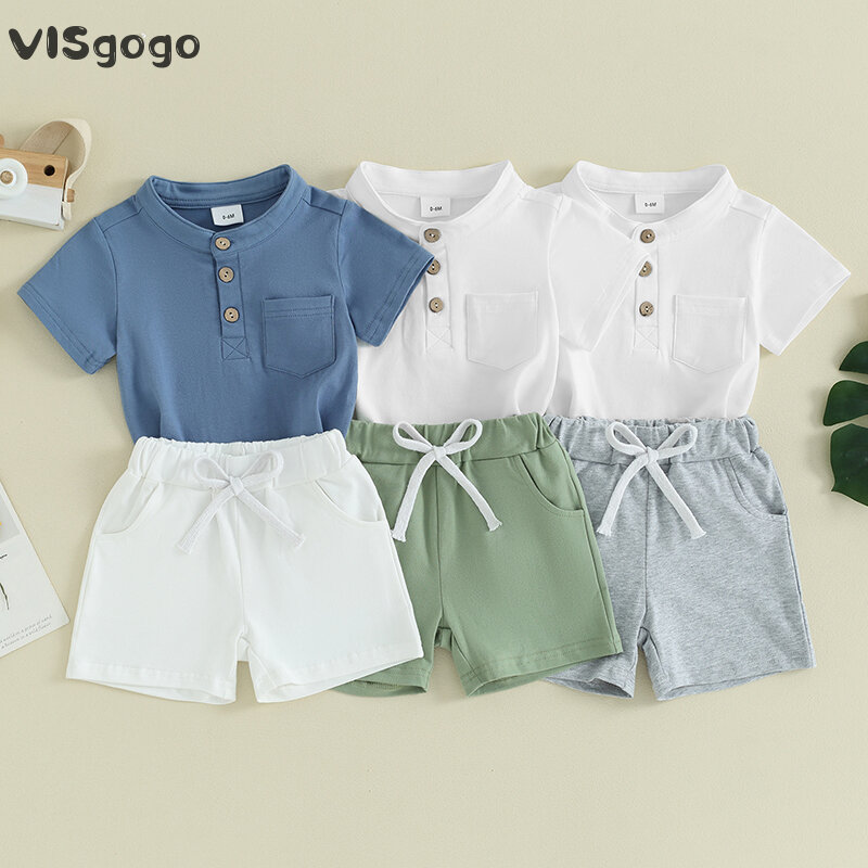 VISgogo-camiseta monocromática de manga curta com calções de cintura elástica, roupa casual para meninos, roupas de verão, Henley, 2 peças