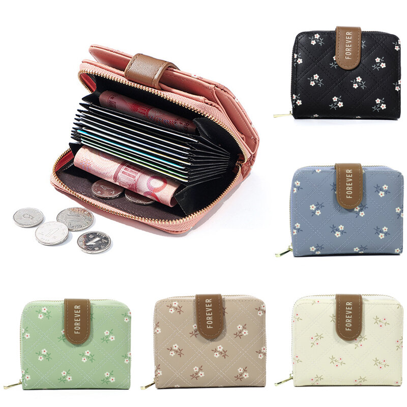 여성용 꽃무늬 프린트 PU 카드홀더 단지갑, 작은 세겹 동전 지갑, 카드 현금 보관 파우치, 한국 미니멀리스트 패션