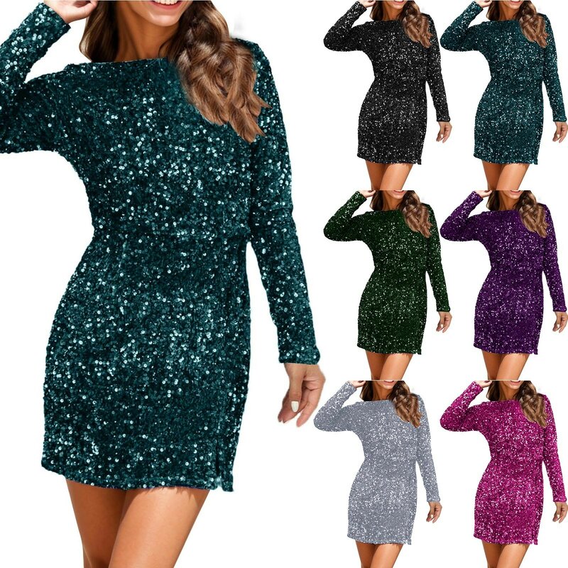 Cocktail Dresses For Women 2024 Solid Color Glitter Sparkly Sequin Bodycon Dresses For Women Mini Straight Black Dress Vestidos