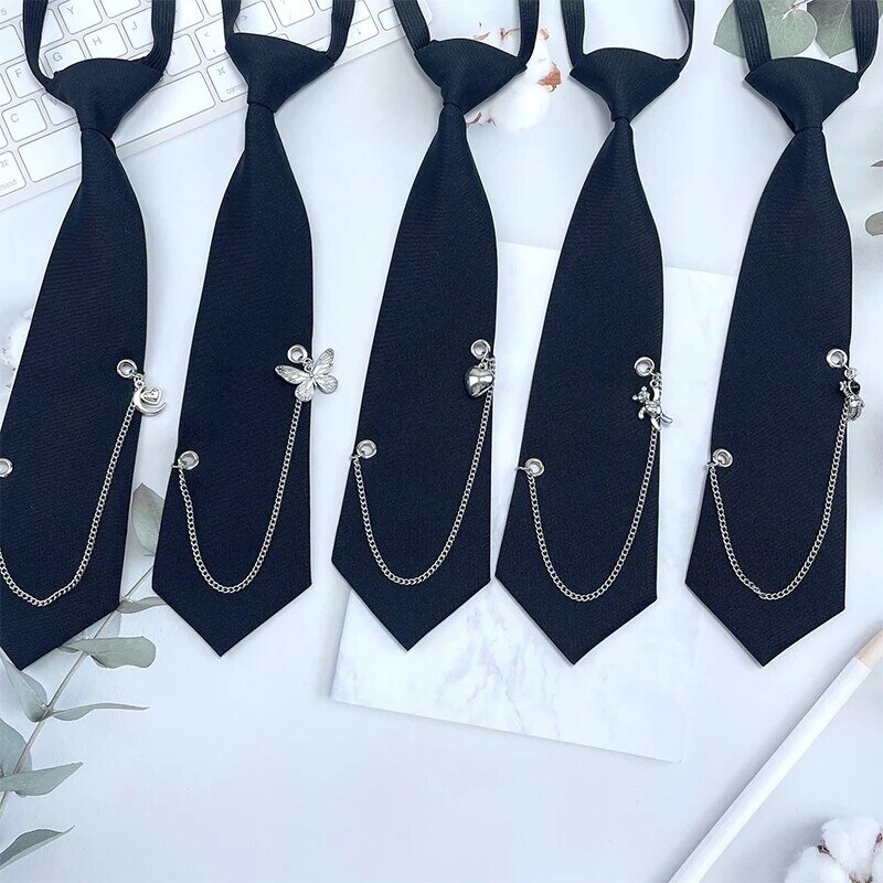 Unisex JK Black Perforated Chain Necktie Lazy Shirt Decoration Heart Bow Necktie Fashion Accessories