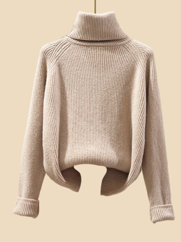Conjunto de prendas de punto cálidas para mujer, suéter de cuello alto elegante, Chaqueta larga y pantalón de pierna ancha, otoño e invierno, 2023