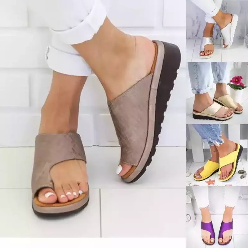 Kobiety letnie klapki wygodne płaskie buty na platformie podeszwa panie dorywczo miękki duży palec stóp sandały ortopedyczne Bunion korektor kapcie